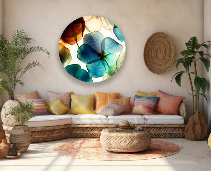 Translucent Floral Glass Wall Art – Round Botanical Print for Modern Decor