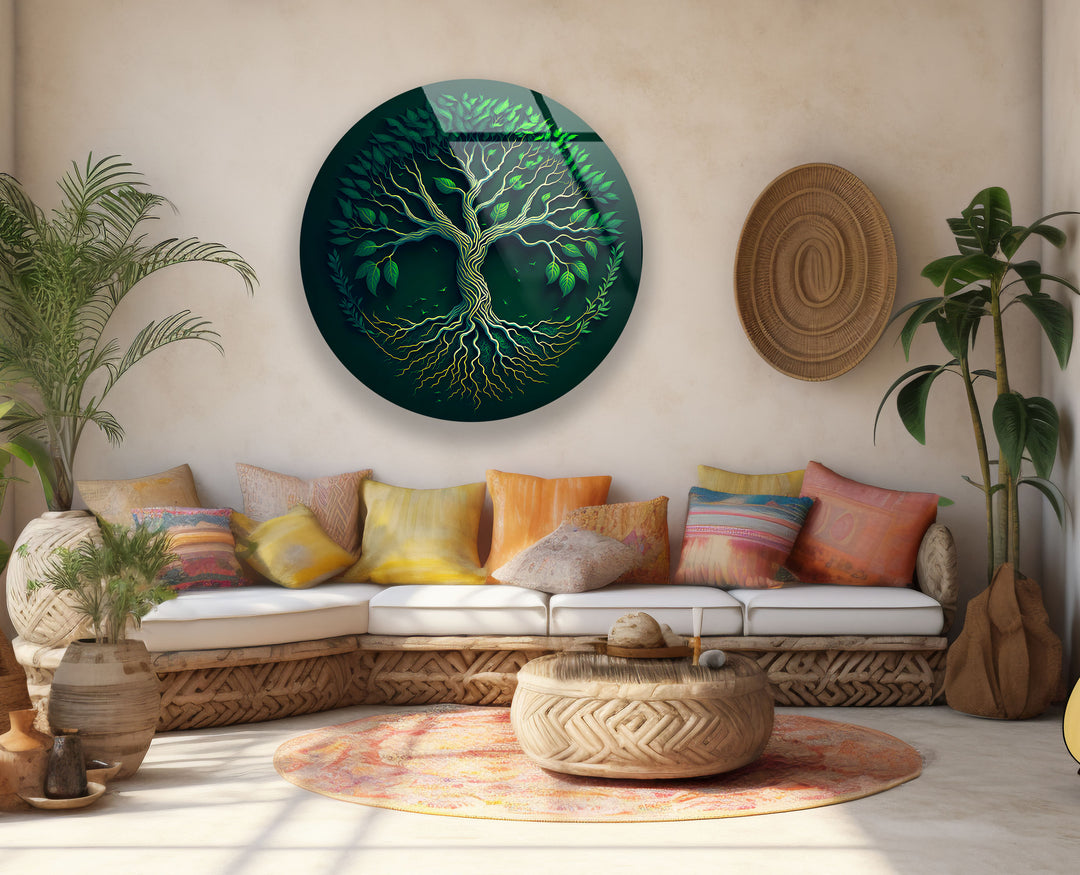 Green Tree of Life Wall Art – Round Glass Wall Decor for Modern Spaces