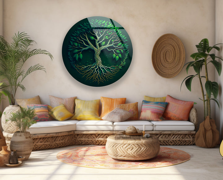 Green Tree of Life Wall Art – Round Glass Wall Decor for Modern Spaces