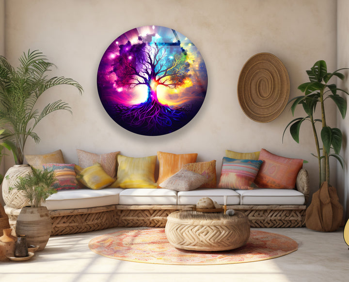 Galaxy Tree of Life Wall Art – Vibrant Round Glass Wall Decor for Home & Office