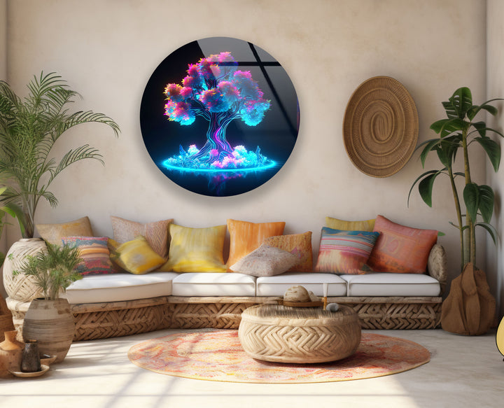 Neon Fantasy Tree Wall Art – Futuristic Round Glass Wall Decor for Modern Spaces