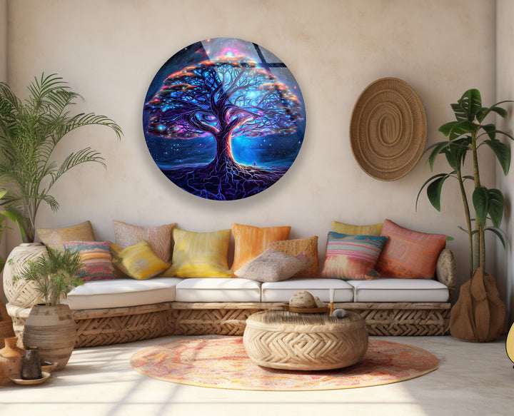 Galaxy Tree of Life Round Glass Wall Art – Mystical Cosmic Home Decor