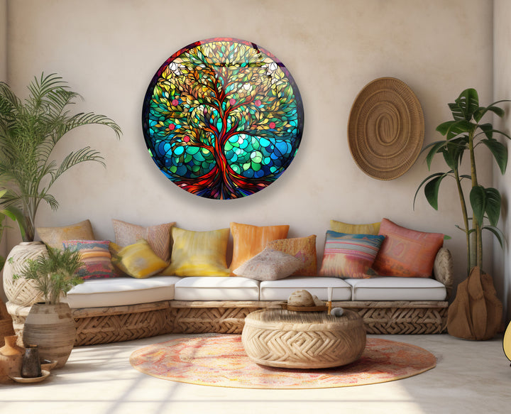 Fruchtbarer Lebensbaum Wandkunst – Rundes Buntglas-Druckdesign