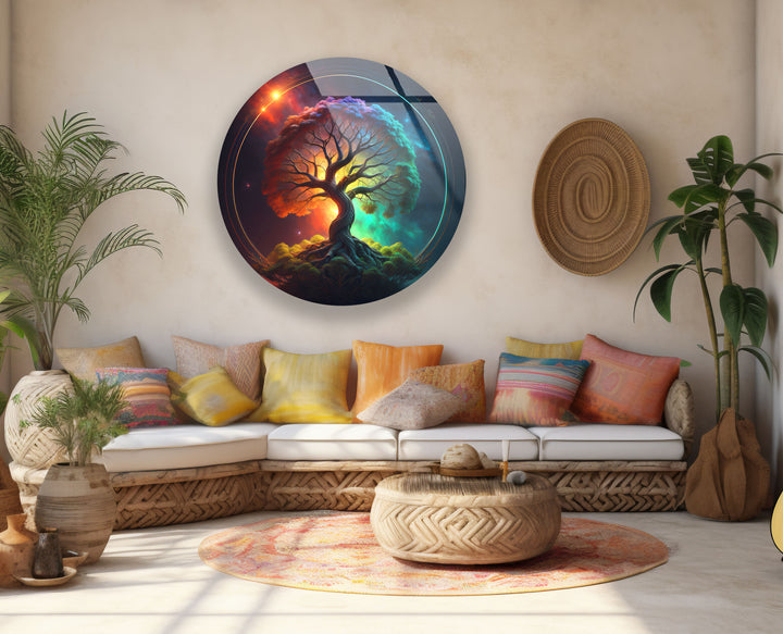 Cosmic Tree of Life Wall Art – Vibrant Round Glass Wall Decor for Modern Spaces