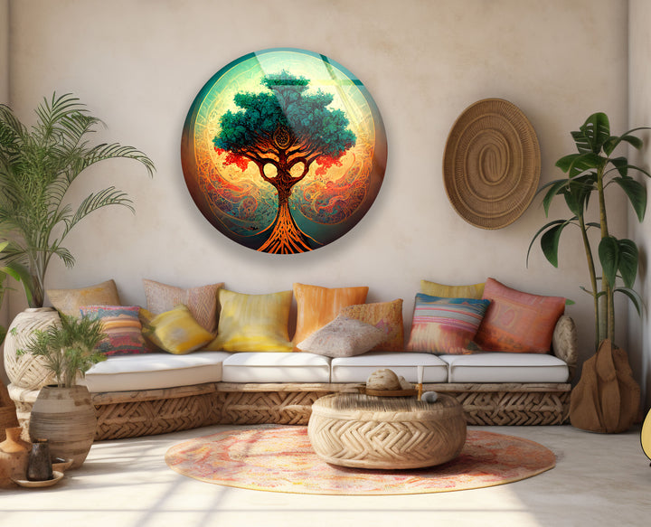 Mystical Tree of Life Round Wall Art – Vibrant Abstract Glass Decor for Modern Homes