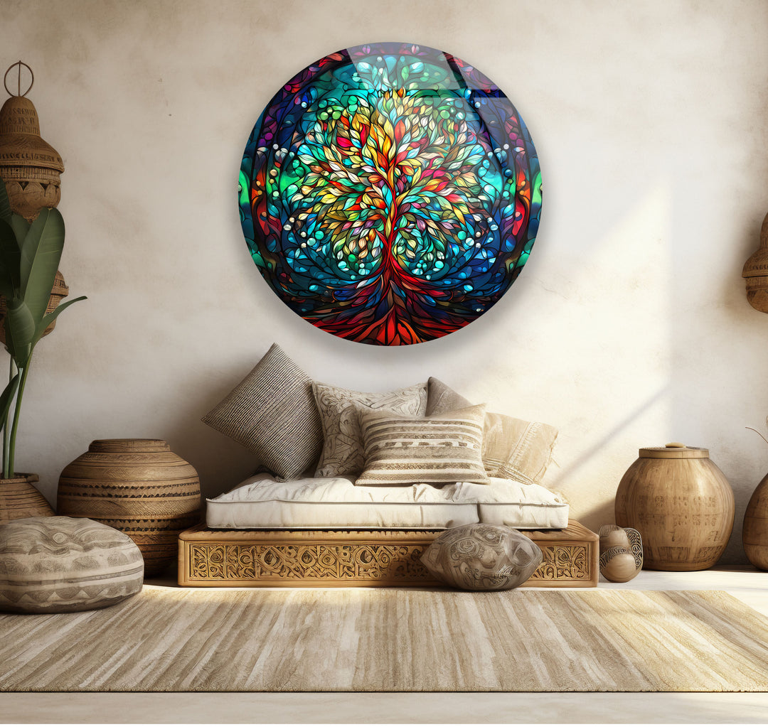 Runde Wandkunst mit Lebensbaum – Farbenfrohes Glasmalerei-Druckdesign