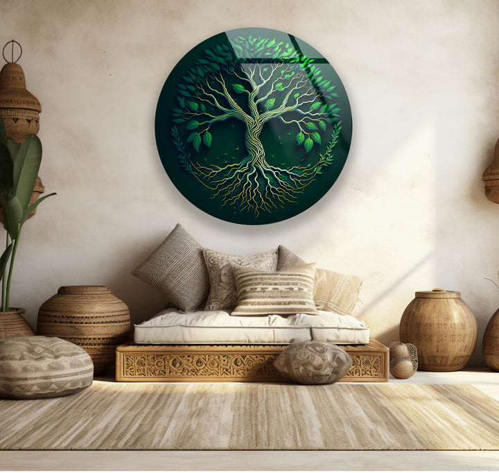 Green Tree of Life Wall Art – Round Glass Wall Decor for Modern Spaces