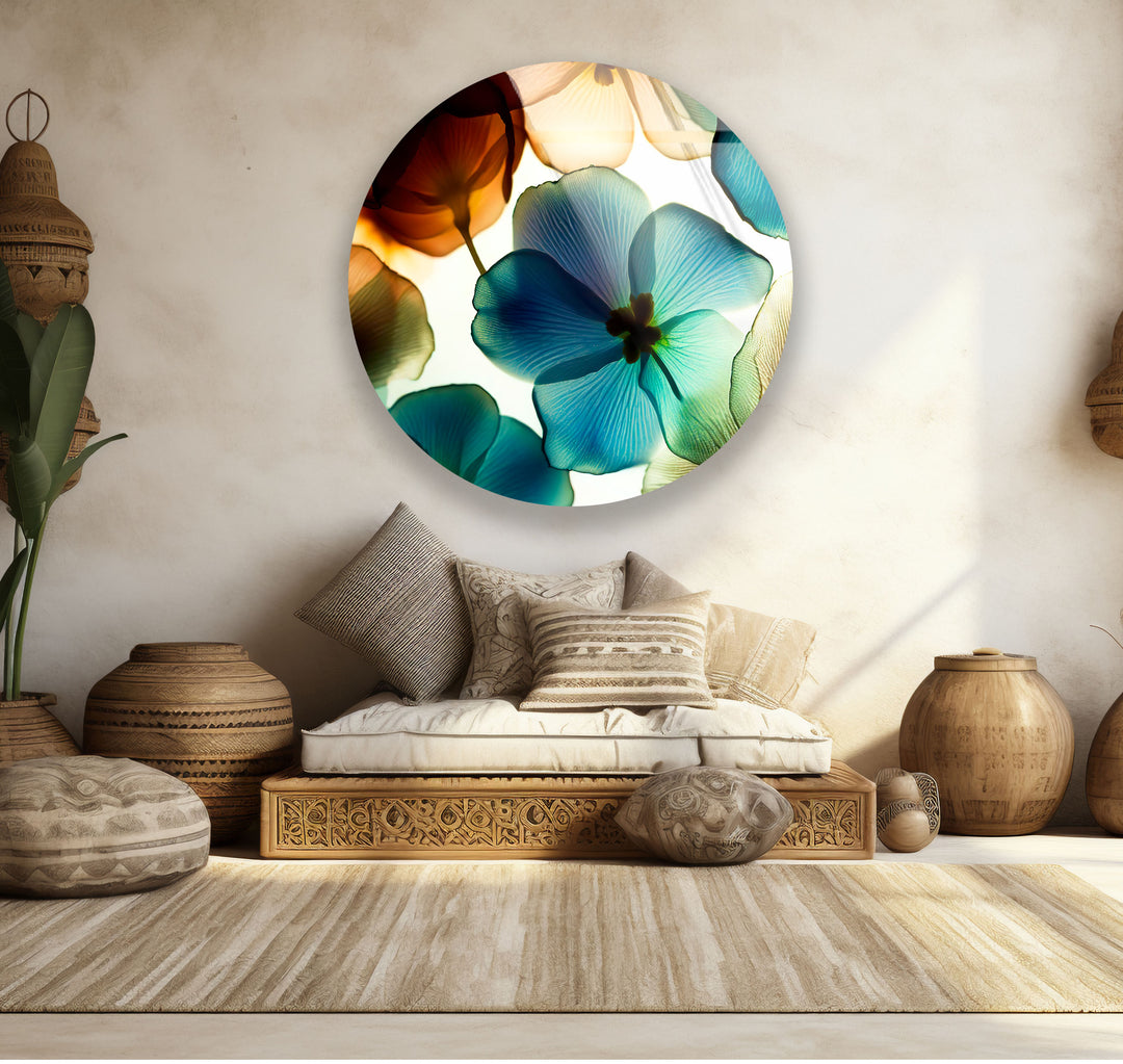 Translucent Floral Glass Wall Art – Round Botanical Print for Modern Decor