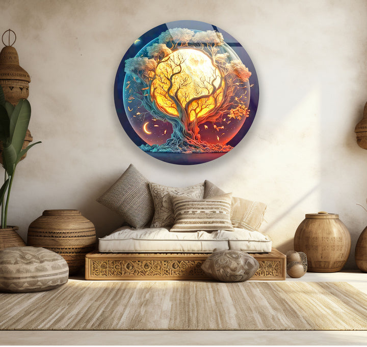 Mystische Mondbaum-Wandkunst – Runder Glasdruck mit Tag- und Nacht-Design