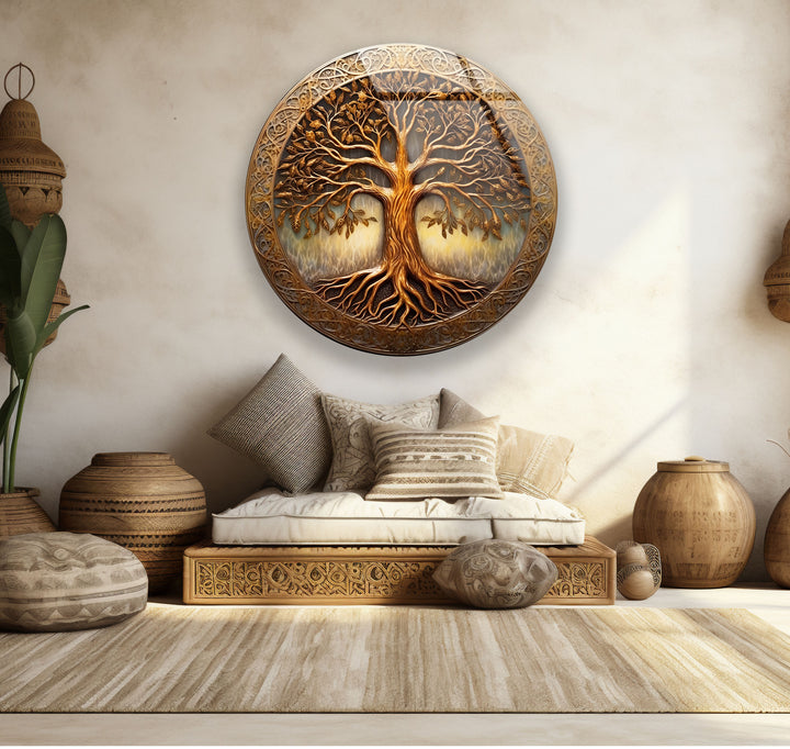 Golden Tree of Life Round Glass Wall Art – Celtic Inspired Spiritual Decor