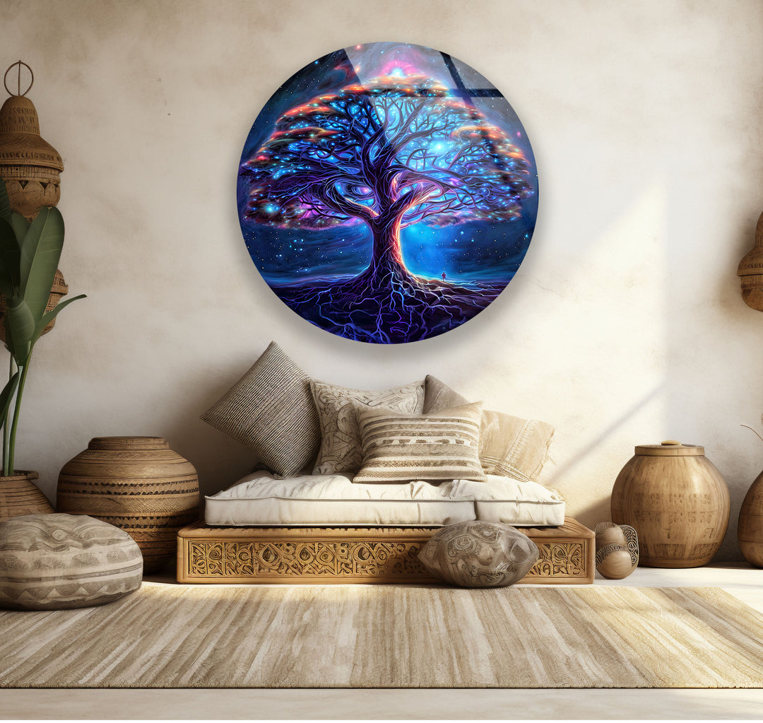 Galaxy Tree of Life Round Glass Wall Art – Mystical Cosmic Home Decor