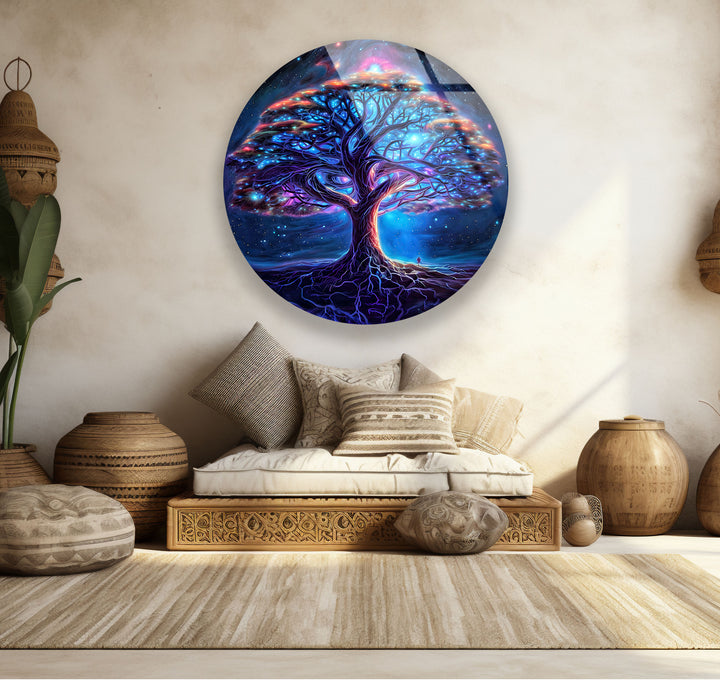 Galaxy Tree of Life Round Glass Wall Art – Mystical Cosmic Home Decor