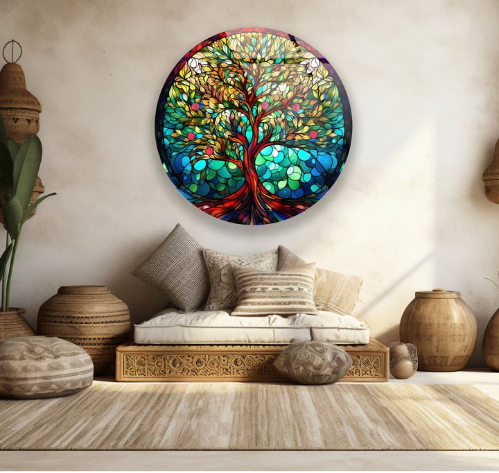 Fruchtbarer Lebensbaum Wandkunst – Rundes Buntglas-Druckdesign