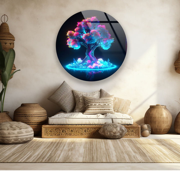 Neon Fantasy Tree Wall Art – Futuristic Round Glass Wall Decor for Modern Spaces