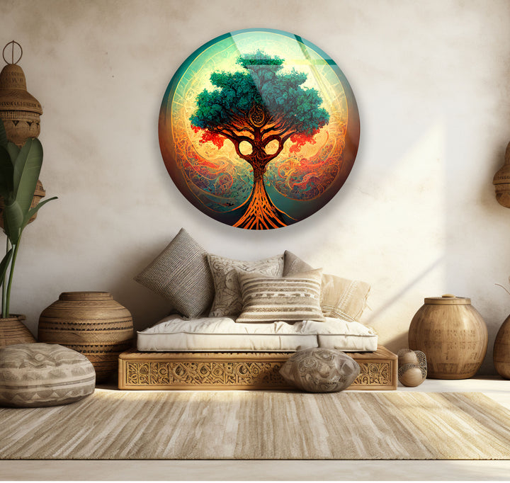 Mystical Tree of Life Round Wall Art – Vibrant Abstract Glass Decor for Modern Homes