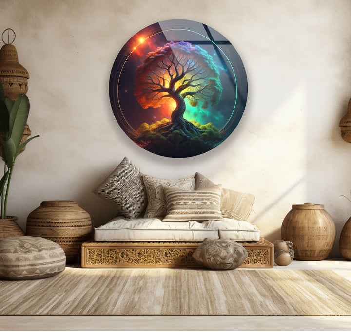 Cosmic Tree of Life Wall Art – Vibrant Round Glass Wall Decor for Modern Spaces
