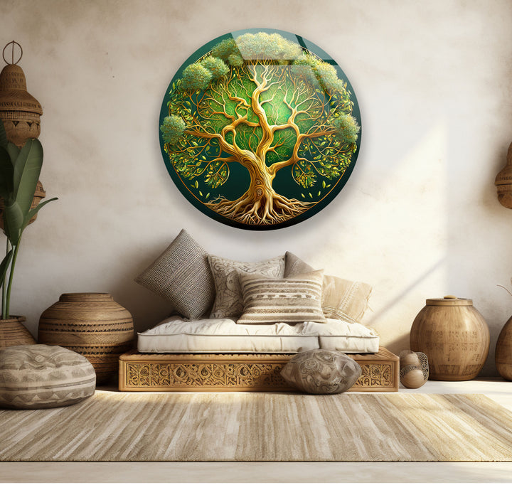 Lush Green Tree of Life Round Wall Art – Nature Inspired Glass Wall Decor