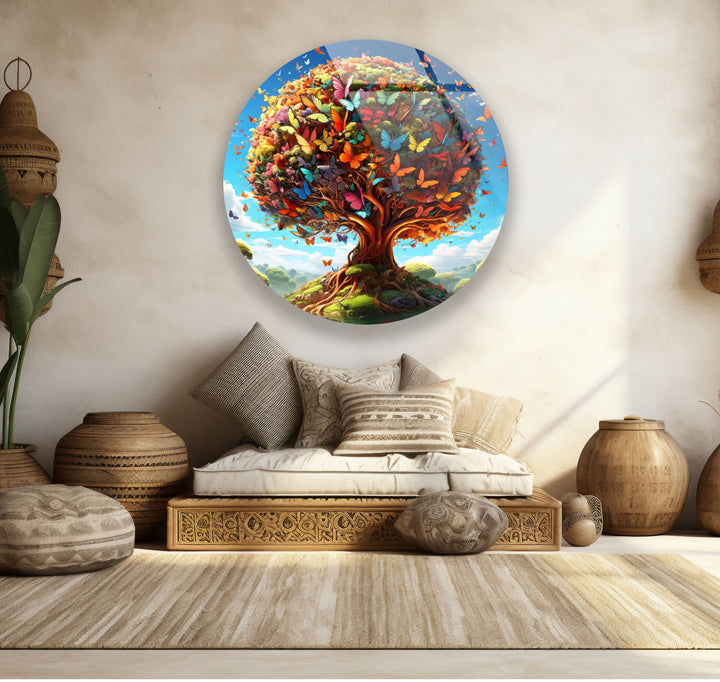 Butterfly Tree of Life Round Glass Wall Art – Vibrant Nature Decor for Living Room
