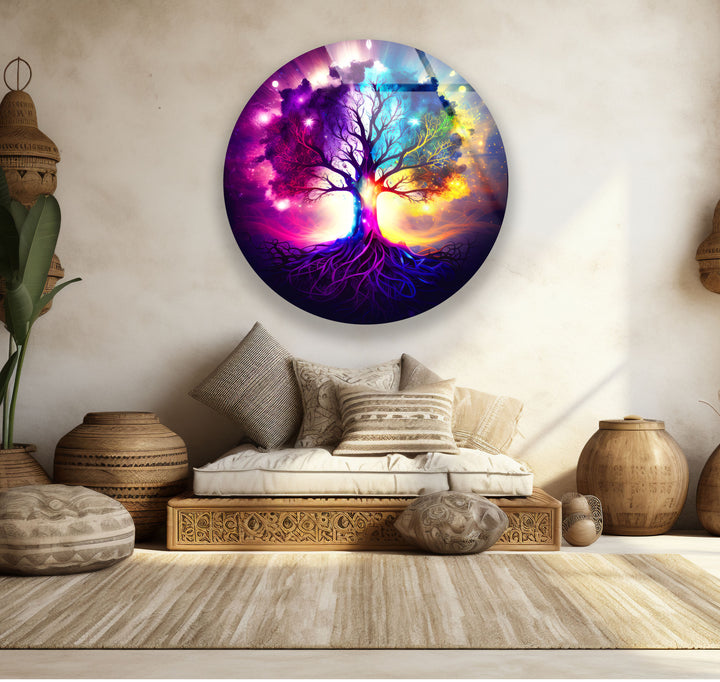 Galaxy Tree of Life Wall Art – Vibrant Round Glass Wall Decor for Home & Office