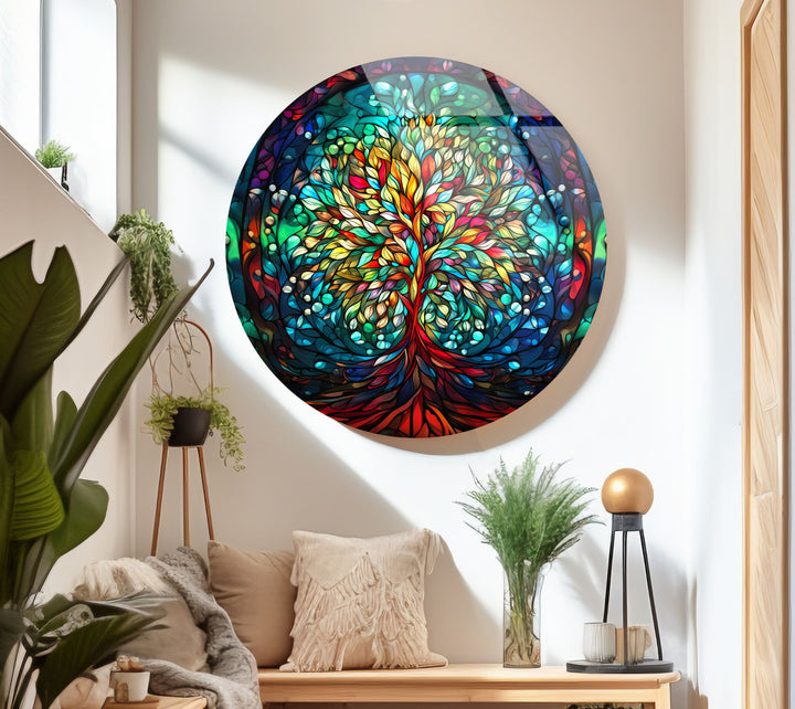 Runde Wandkunst mit Lebensbaum – Farbenfrohes Glasmalerei-Druckdesign