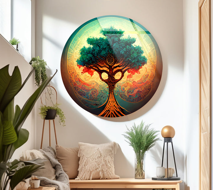 Mystical Tree of Life Round Wall Art – Vibrant Abstract Glass Decor for Modern Homes