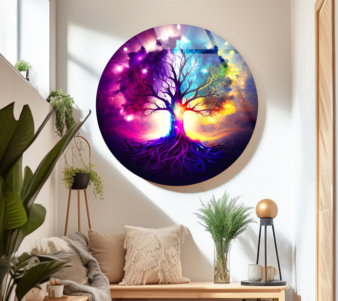 Galaxy Tree of Life Wall Art – Vibrant Round Glass Wall Decor for Home & Office