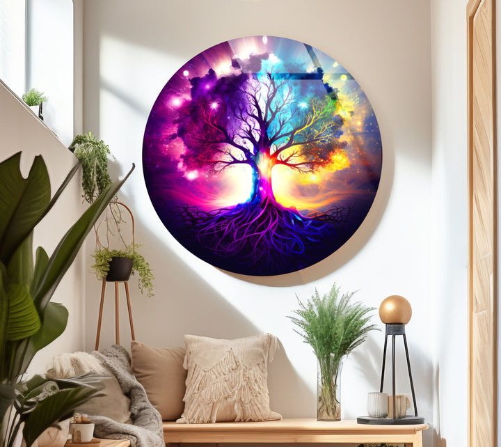 Galaxy Tree of Life Wall Art – Vibrant Round Glass Wall Decor for Home & Office