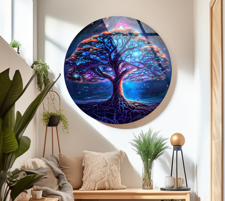Galaxy Tree of Life Round Glass Wall Art – Mystical Cosmic Home Decor