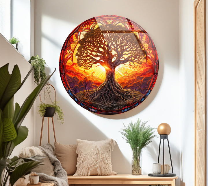 Runde Wandkunst „Baum des Lebens“ bei Sonnenuntergang – Lebendiges Glasdekor für naturinspirierte Räume