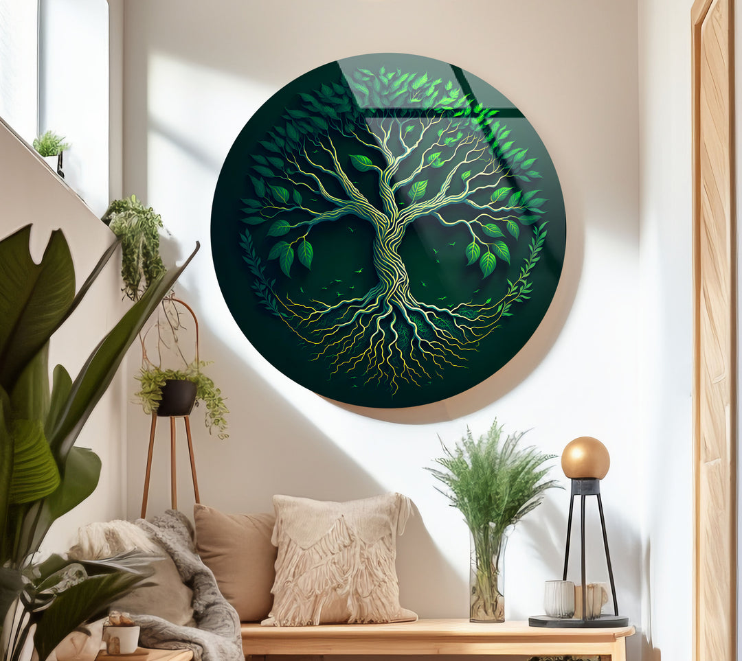 Green Tree of Life Wall Art – Round Glass Wall Decor for Modern Spaces