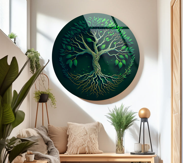 Green Tree of Life Wall Art – Round Glass Wall Decor for Modern Spaces