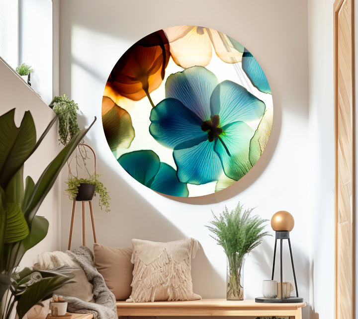 Translucent Floral Glass Wall Art – Round Botanical Print for Modern Decor