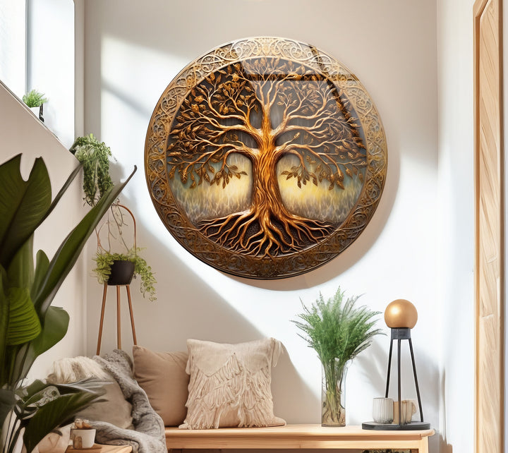 Golden Tree of Life Round Glass Wall Art – Celtic Inspired Spiritual Decor