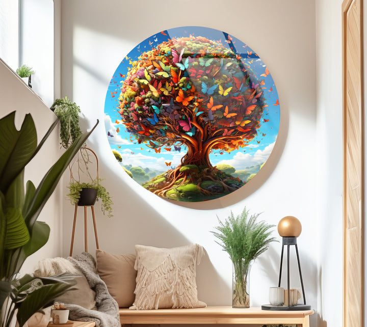 Butterfly Tree of Life Round Glass Wall Art – Vibrant Nature Decor for Living Room