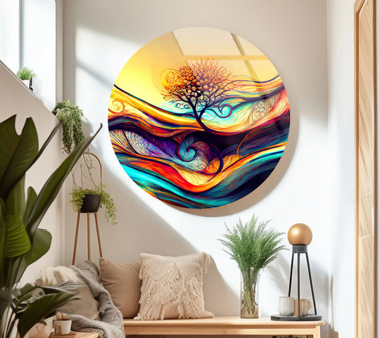 Highlighting its sleek edges, this colorful abstract tree art is one of the modern glass wall prints, perfect for contemporary spaces.