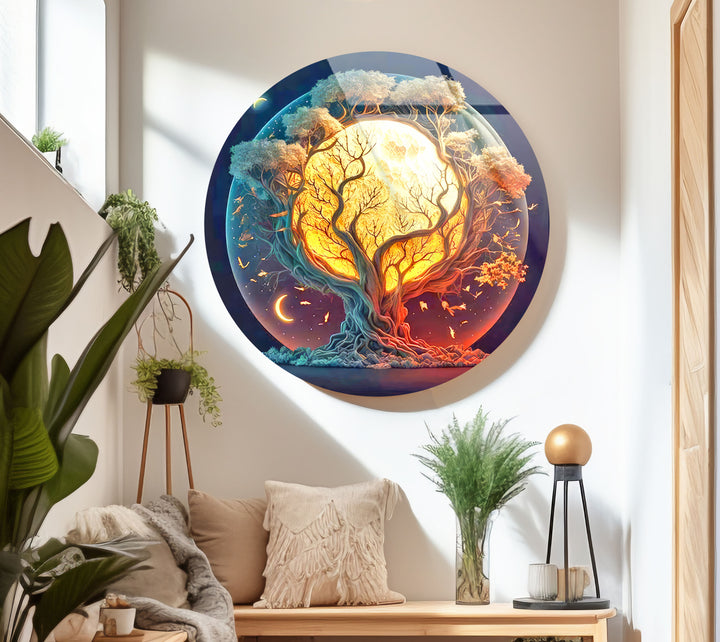 Mystische Mondbaum-Wandkunst – Runder Glasdruck mit Tag- und Nacht-Design