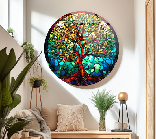 Multichromatic round fruitful tree of life glass art showcases a visually captivating stained glass print design with vibrant blues, greens, reds, and yellows.