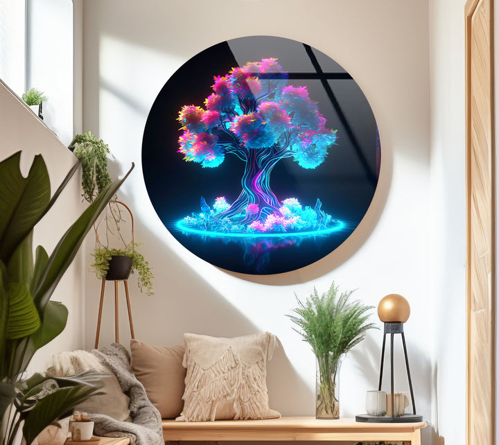Neon Fantasy Tree Wall Art – Futuristic Round Glass Wall Decor for Modern Spaces