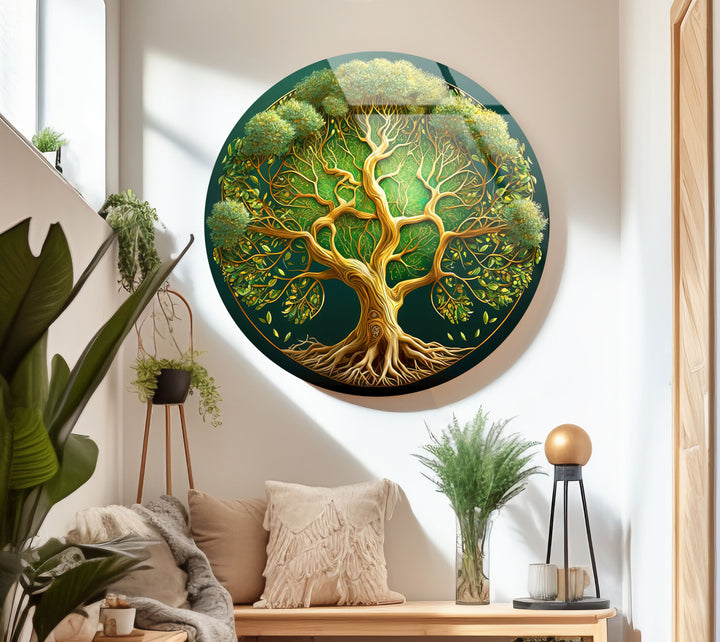 Lush Green Tree of Life Round Wall Art – Nature Inspired Glass Wall Decor