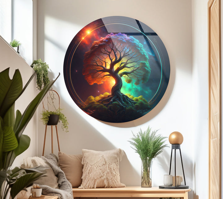 Cosmic Tree of Life Wall Art – Vibrant Round Glass Wall Decor for Modern Spaces