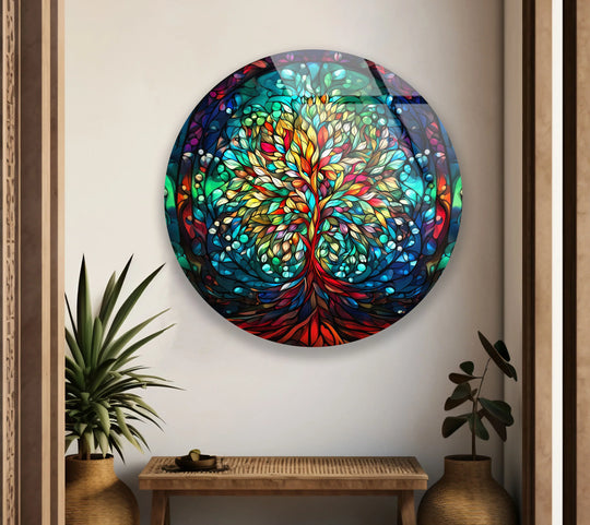 Subtle surface texture enhances the swirling design of this round Tree of Life art from glass, showcasing the intricate details of the colorful stained glass print.