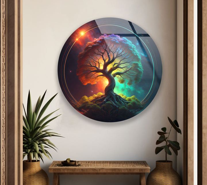 Cosmic Tree of Life Wall Art – Vibrant Round Glass Wall Decor for Modern Spaces