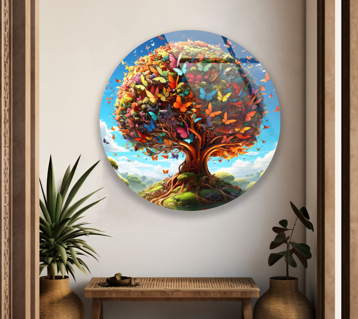 Butterfly Tree of Life Round Glass Wall Art – Vibrant Nature Decor for Living Room