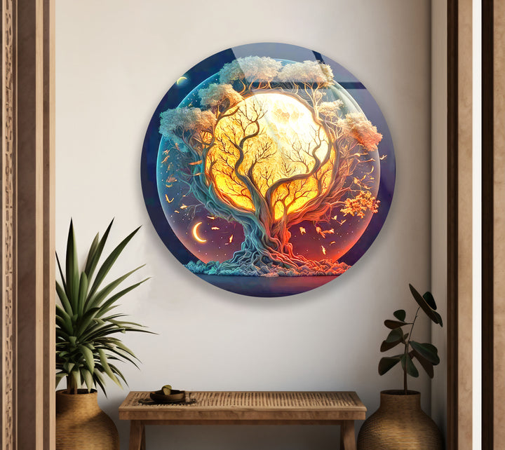 Mystische Mondbaum-Wandkunst – Runder Glasdruck mit Tag- und Nacht-Design