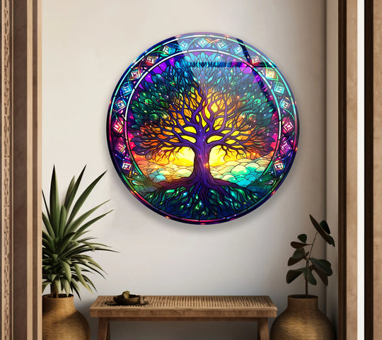 The radiant tree of life, a sunset stained glass glass print, commands the focal point as a unique piece of decorative wall art with vibrant colors.