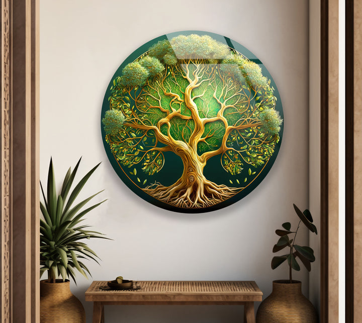 Lush Green Tree of Life Round Wall Art – Nature Inspired Glass Wall Decor