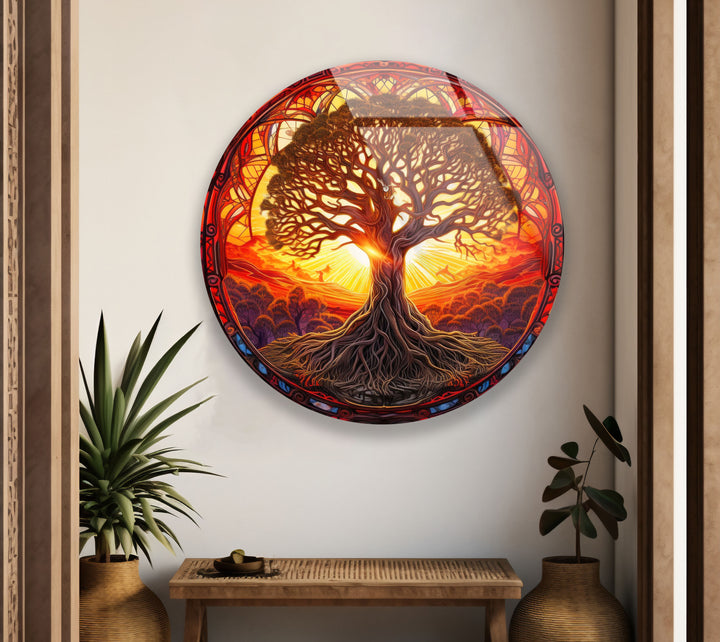 Runde Wandkunst „Baum des Lebens“ bei Sonnenuntergang – Lebendiges Glasdekor für naturinspirierte Räume