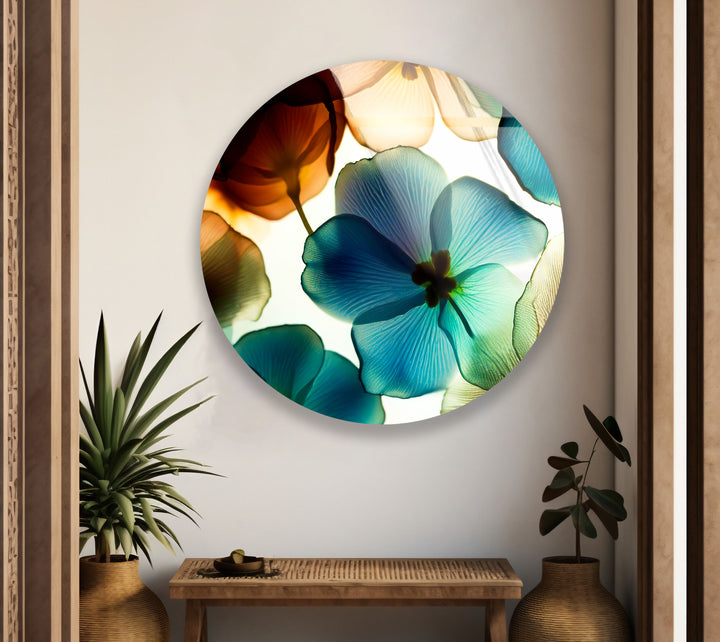 Translucent Floral Glass Wall Art – Round Botanical Print for Modern Decor