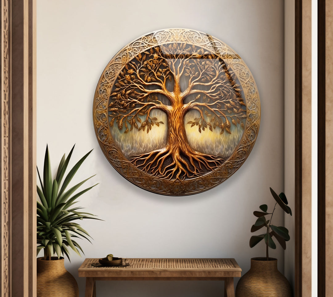 Golden Tree of Life Round Glass Wall Art – Celtic Inspired Spiritual Decor