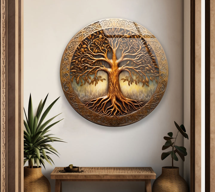 Golden Tree of Life Round Glass Wall Art – Celtic Inspired Spiritual Decor